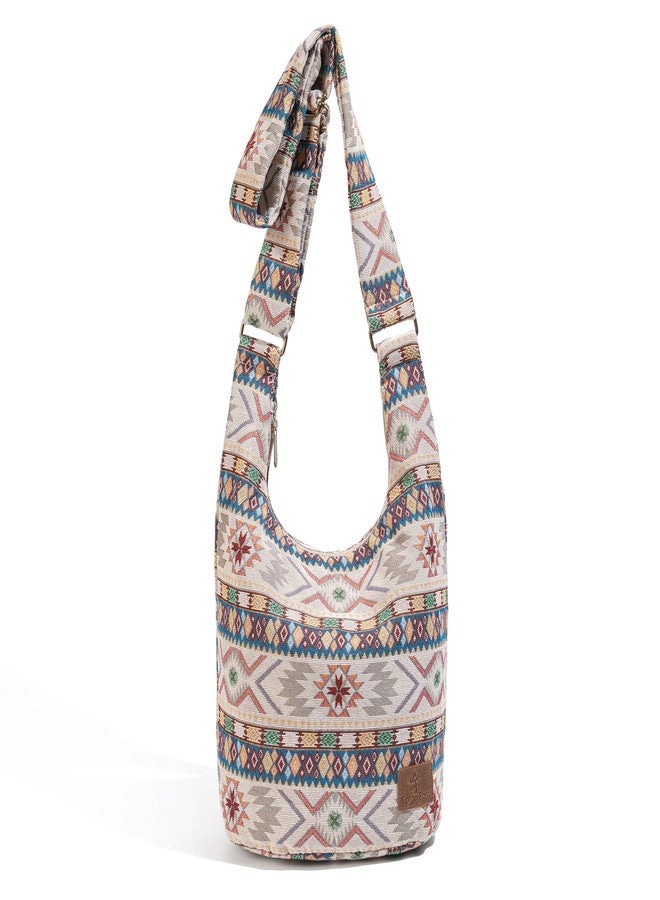 Coton Pose Women Hippie Crossbody Bag - Top Zip Large Capacity Canvas Sling Bag - Jacquard Cloth Handmade, Boho Khaki, long10" width7" high12“ - Image 1