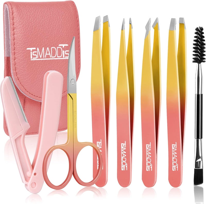 TsMADDTs 7PCS Tweezers Set for Women Facial Hair, Precision Tweezer for Eyebrows with Curved Scissor and Eyebrow Razor for Ingrown Hair, Pink&Yellow