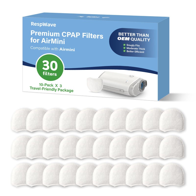 RespWave 30-Pack Disposable Replacement AirMini CPAP Filters - Compatible with ResMed AirMini Machines, FSA Eligible, Ultra Fine Filtration for Clean Airflow, Travel & Home Essential CPAP Supplies - Image 1