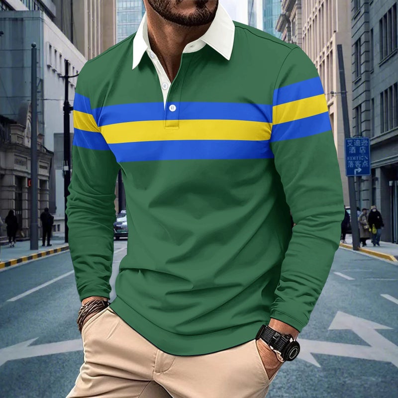 Men's Long Sleeve Printed Contrast Collar Casual Polo Shirt - Image 1