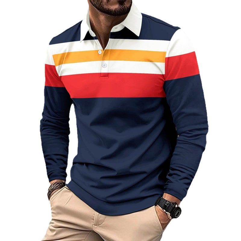Men's Long Sleeve Printed Contrast Collar Casual Polo Shirt - Image 5