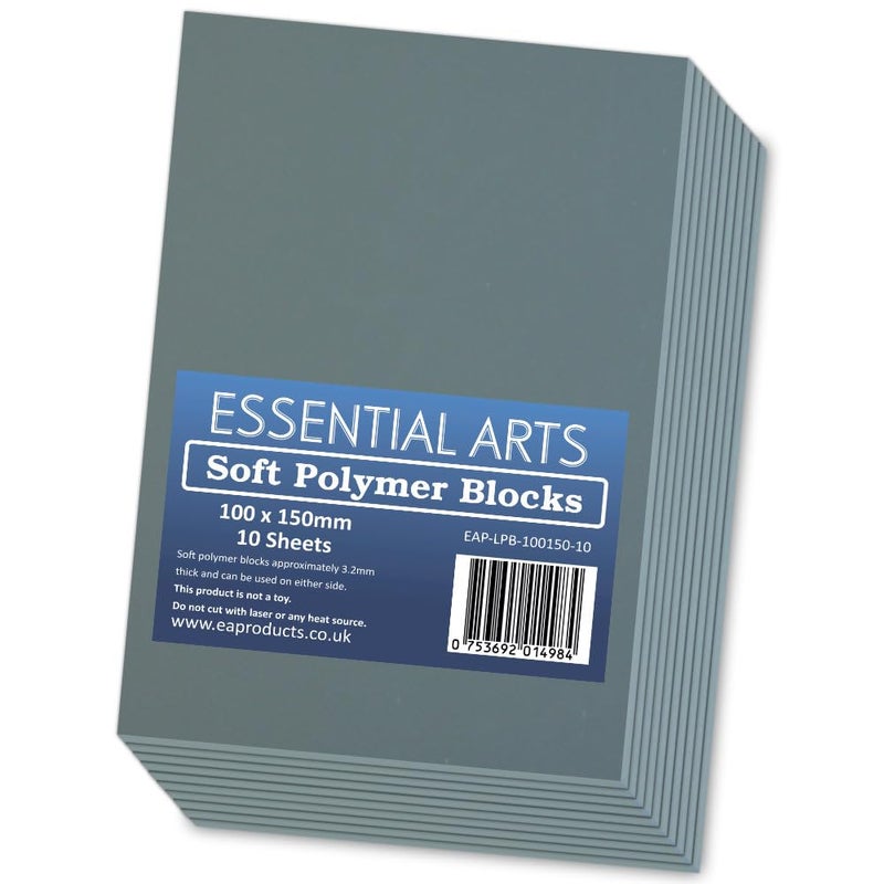 100 x 150mm Double Sided Soft Lino Polymer Blocks Pack of 10  32mm Thick Super Soft Printing Sheets for Carving Art and Craft  by Essential Arts