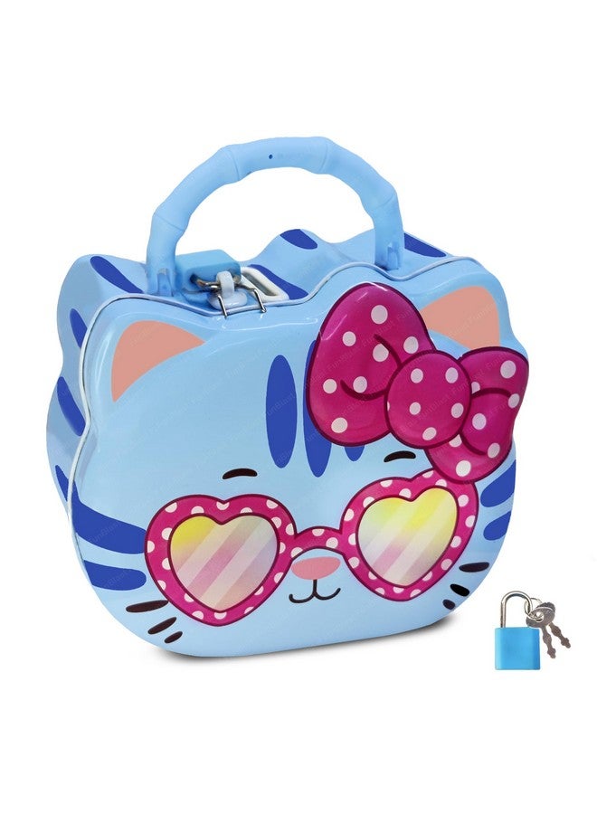 FunBlast Coin Box for Girls - Cute Cat Design Piggy Bank with Lock & Key, Money Saving Metal Coin Bank, Gullak for Kids, Girls, Kids, Birthday Return Gifts for Kids (Blue) - Image 1
