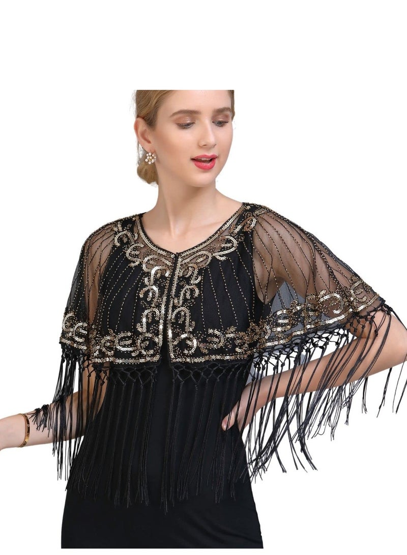 SYOSI 1920s Women’s Shawl Wraps Sequin Beaded Bridal Shawls Flapper Evening Cape Shawl Wraps Sequin Beaded Evening Cape Bridal Shawl - Image 1