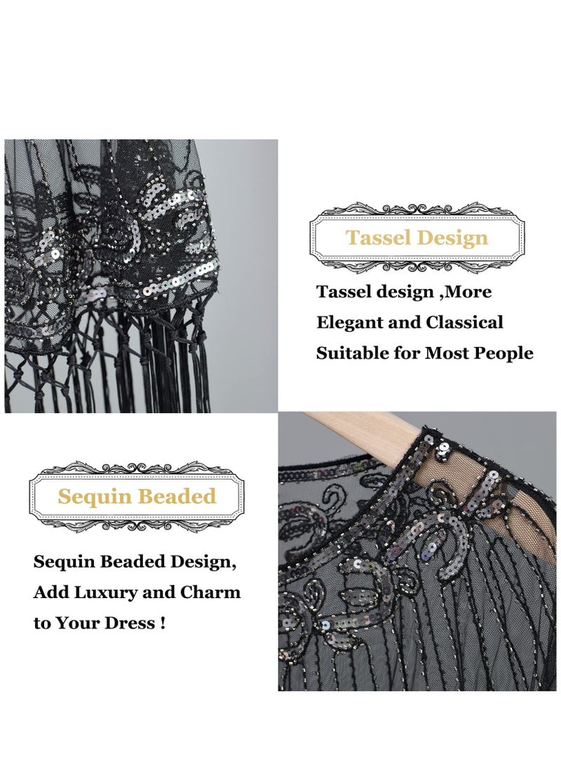 SYOSI 1920s Women’s Shawl Wraps Sequin Beaded Bridal Shawls Flapper Evening Cape Shawl Wraps Sequin Beaded Evening Cape Bridal Shawl - Image 4