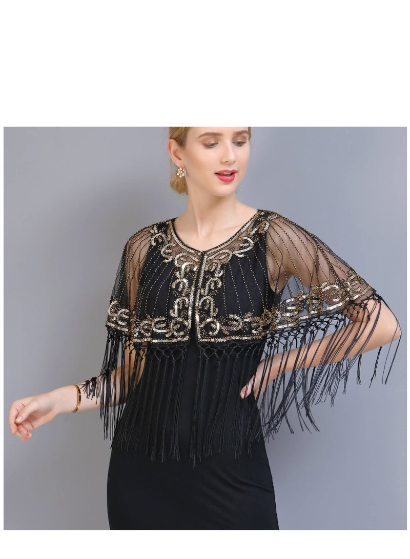 SYOSI 1920s Women’s Shawl Wraps Sequin Beaded Bridal Shawls Flapper Evening Cape Shawl Wraps Sequin Beaded Evening Cape Bridal Shawl - Image 2