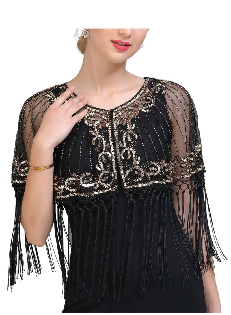 SYOSI 1920s Women’s Shawl Wraps Sequin Beaded Bridal Shawls Flapper Evening Cape Shawl Wraps Sequin Beaded Evening Cape Bridal Shawl - Image 3