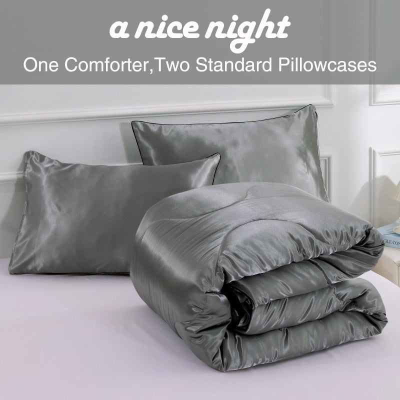 A Nice Night Satin Silky Soft Quilt Luxury Super Soft Microfiber Bedding Comforter Set, Light Weighted (Silver, King) - Image 2