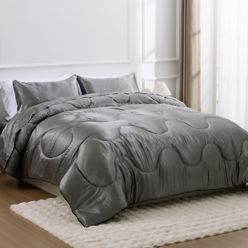 A Nice Night Satin Silky Soft Quilt Luxury Super Soft Microfiber Bedding Comforter Set, Light Weighted (Silver, King) - Image 4