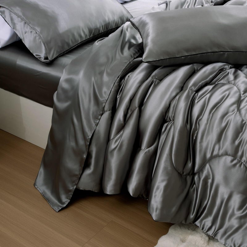 A Nice Night Satin Silky Soft Quilt Luxury Super Soft Microfiber Bedding Comforter Set, Light Weighted (Silver, King) - Image 5