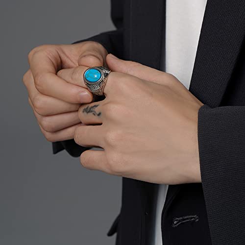 VQYSKO Retro Turquoise Ring for Men and Women | Stainless Steel Oval Turquoise Ring for Men and Women | Ideal Gift for Dad Boyfriend Blue/Black/Brown/White Color for Choice (Blue, 8) - Image 3