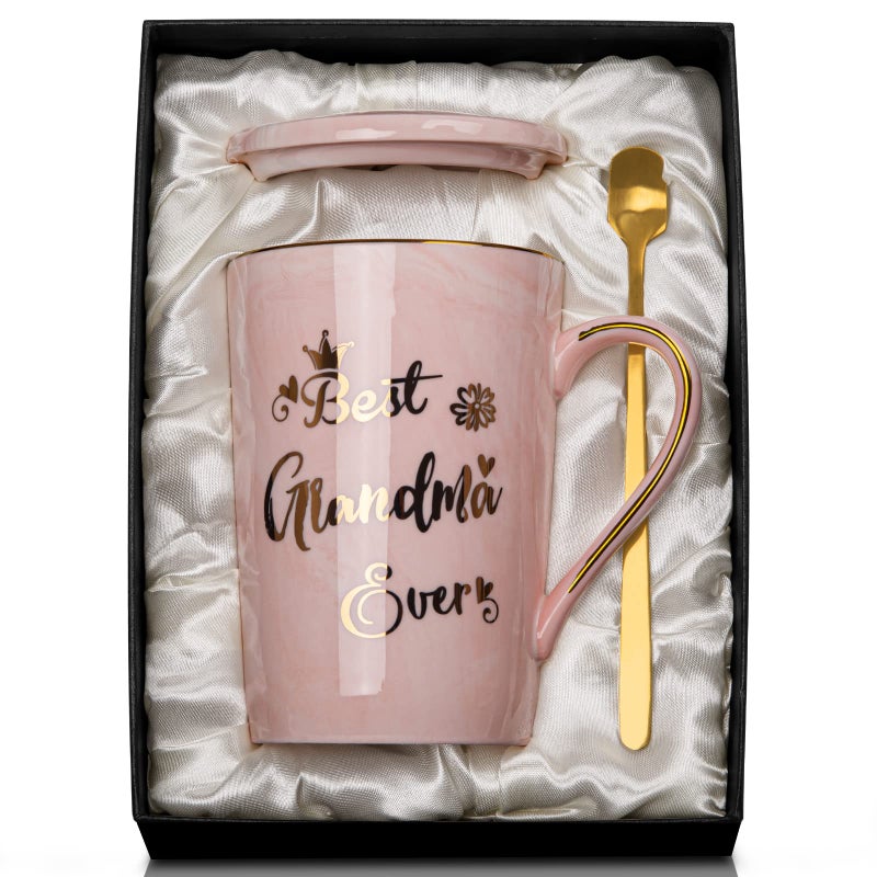Gifts for Grandma Best Grandma Ever Mug Unique Birthday Gift Ideas for New Grandmas from Granddaughter Grandson 14Oz Pink Marble Ceramic Coffee Mugs Print with Gold Lid Spoon Greeting Card Box