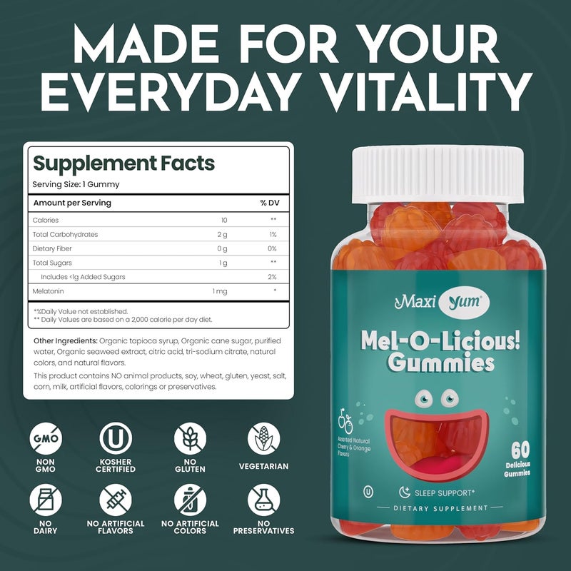 Maxi Health جيلي ميلاتونين ماكسي هيلث 1 ملغ للأطفال بنكهة الكرز والبرتقال 60 حبة - Image 4