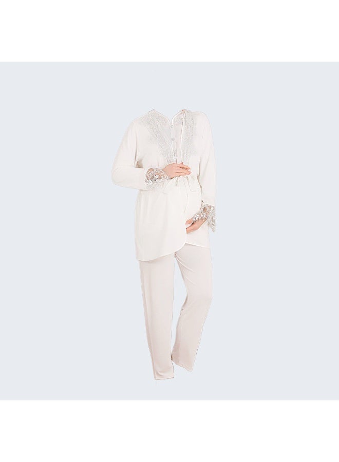 Women's Maternity & Nursing 3-Piece Pajama Set with Robe - Cotton Viscose Blend - Adjustable Waistband - Breastfeeding Buttons - Made in Turkey - Image 1