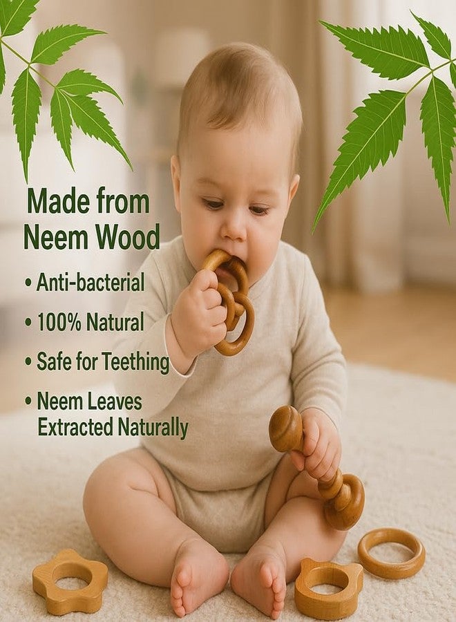 ROOT KRAFT Organic Neem Wood 6 Shape Teether Combo for Baby - 1 Ring, 1 Dumbbell, 2 Rattle, 1 Sun, 1 Cat - Safe Natural Teething Toys - Image 3
