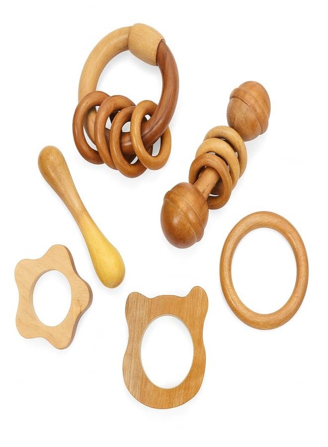 ROOT KRAFT Organic Neem Wood 6 Shape Teether Combo for Baby - 1 Ring, 1 Dumbbell, 2 Rattle, 1 Sun, 1 Cat - Safe Natural Teething Toys - Image 1