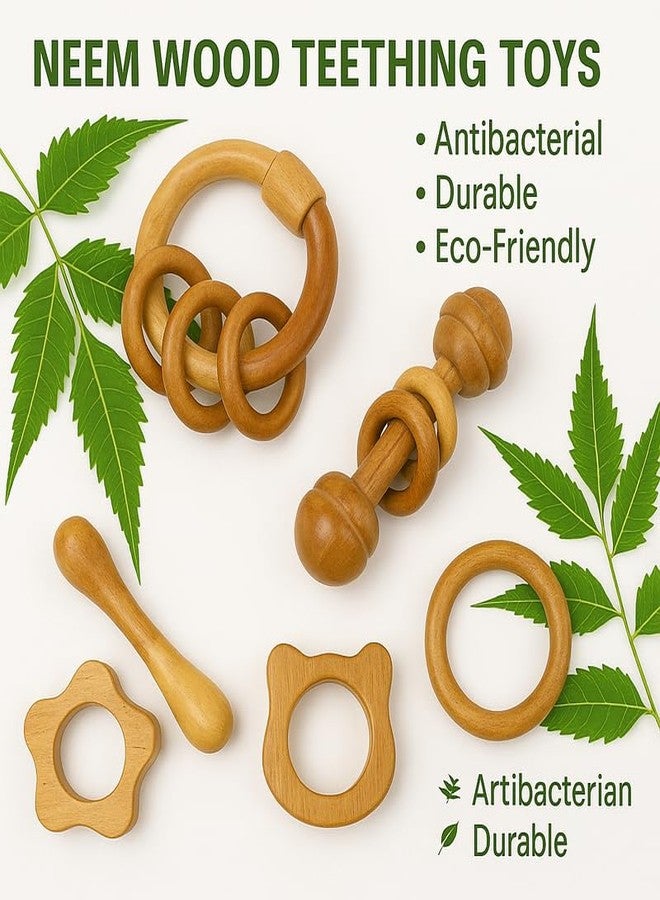 ROOT KRAFT Organic Neem Wood 6 Shape Teether Combo for Baby - 1 Ring, 1 Dumbbell, 2 Rattle, 1 Sun, 1 Cat - Safe Natural Teething Toys - Image 4