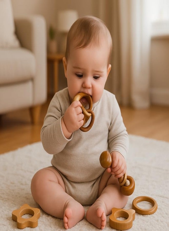 ROOT KRAFT Organic Neem Wood 6 Shape Teether Combo for Baby - 1 Ring, 1 Dumbbell, 2 Rattle, 1 Sun, 1 Cat - Safe Natural Teething Toys - Image 2