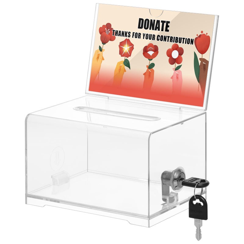 KYODOLED Clear Donation Box with Lock, Ballot Box with Sign Holder, Suggestion Box Storage Container for Voting, Raffle Box, Tip Jar 6.2" x 4.6" x 4.0" - Image 1