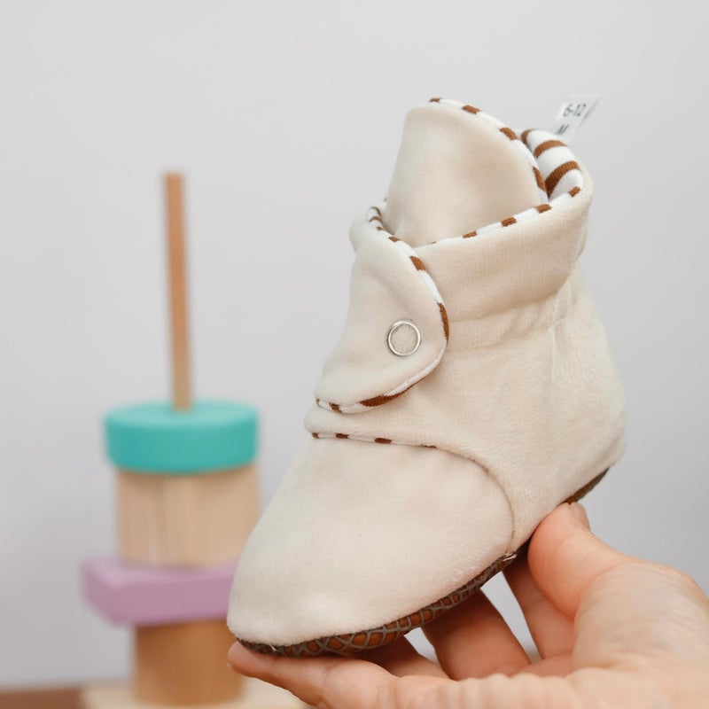 Ella Bonna Velvet Baby Slippers, Non-Slip Sole Home Boots, Nursery Shoes, Organic Cotton Booties, Cream  - Image 5