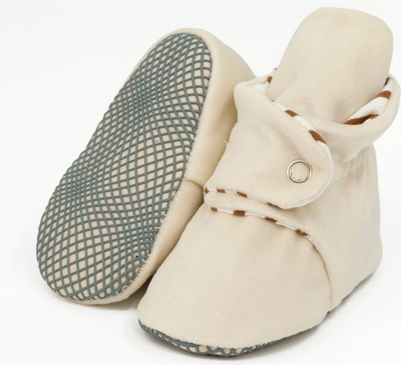 Ella Bonna Velvet Baby Slippers, Non-Slip Sole Home Boots, Nursery Shoes, Organic Cotton Booties, Cream  - Image 1