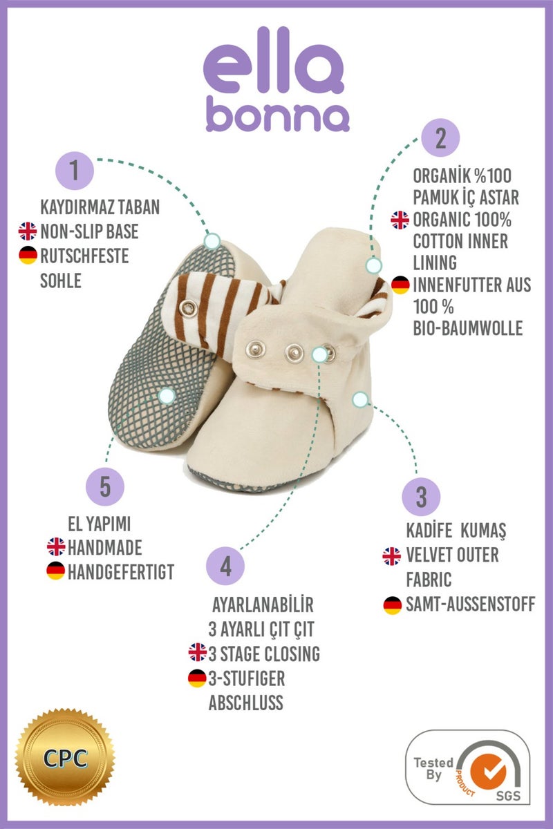 Ella Bonna Velvet Baby Slippers, Non-Slip Sole Home Boots, Nursery Shoes, Organic Cotton Booties, Cream  - Image 4