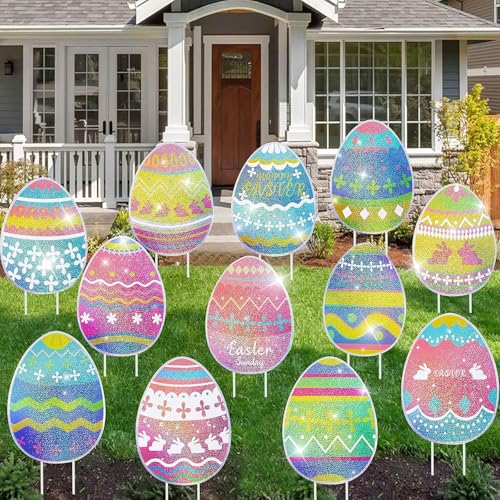 MNKXL 12-Piece Glitter Easter Yard Signs,Extra Large Sparkling Garden Egg Stakes,Waterproof Laser Printed Outdoor Decor for Easter Sidewalk - Image 1