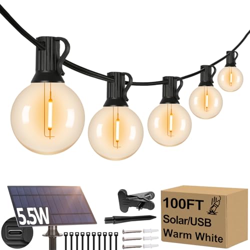 Lakumu 100FT G40 Solar String Lights, Globe Outdoor String Lights with 52 E12 Waterproof LED Bulbs, 2700K Shatterproof Patio Lights, Solar Powered Hanging Lights for Porch Garden Backyard Pergola Bistro Deck - Image 1
