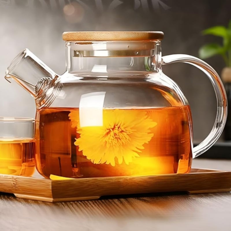 Circle M Glass Teapot with Infuser - 1000ML Borosilicate Teapot with Stainless Steel Strainer and Bamboo Lid, Stovetop Safe, Comfortable Handle, Ideal for Loose Leaf Tea And Fruit Tea
