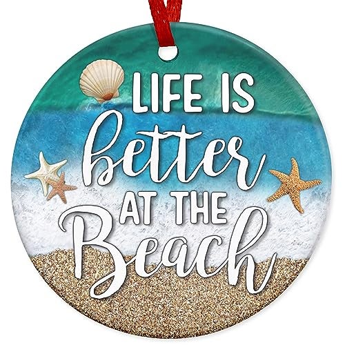OASSIE Beach Gifts for Women Men  Ceramic Christmas Ornaments 2025 for Tree Decorations  Beach Themed Gifts for Mom Dad Family Friends Couple Beachy Decor for Christmas Decorations