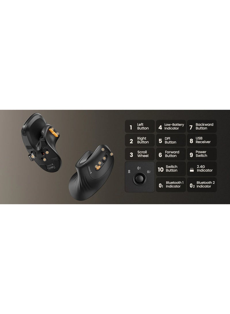 ProtoArc ماوس ProtoArc EM11 NL لاسلكي رأسي مريح – بلوتوث وUSB ‏2.4 جيجاهرتز – قابل لإعادة الشحن USB-C – نقر هادئ – دقة DPI قابلة للتعديل – أسود - Image 3