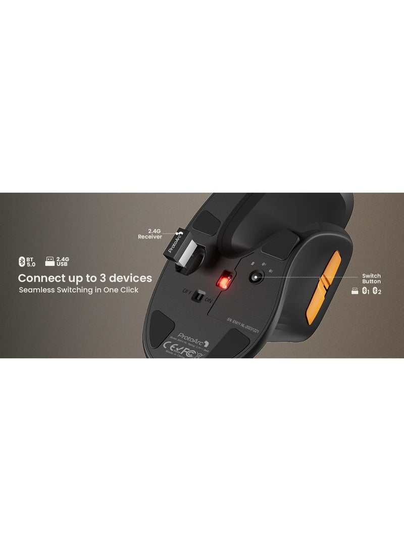 ProtoArc ماوس ProtoArc EM11 NL لاسلكي رأسي مريح – بلوتوث وUSB ‏2.4 جيجاهرتز – قابل لإعادة الشحن USB-C – نقر هادئ – دقة DPI قابلة للتعديل – أسود - Image 4