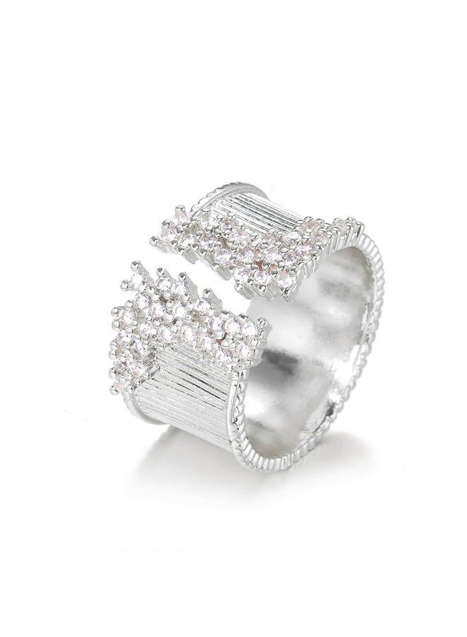 GIGB PBDK Gold Silver Crystal Statement Open Rings for Women Teen Girls,Adjustable Stainless Steel Cubic Zirconia Finger Ring Simple Rings Jewelry Gift (Silver) - Image 1