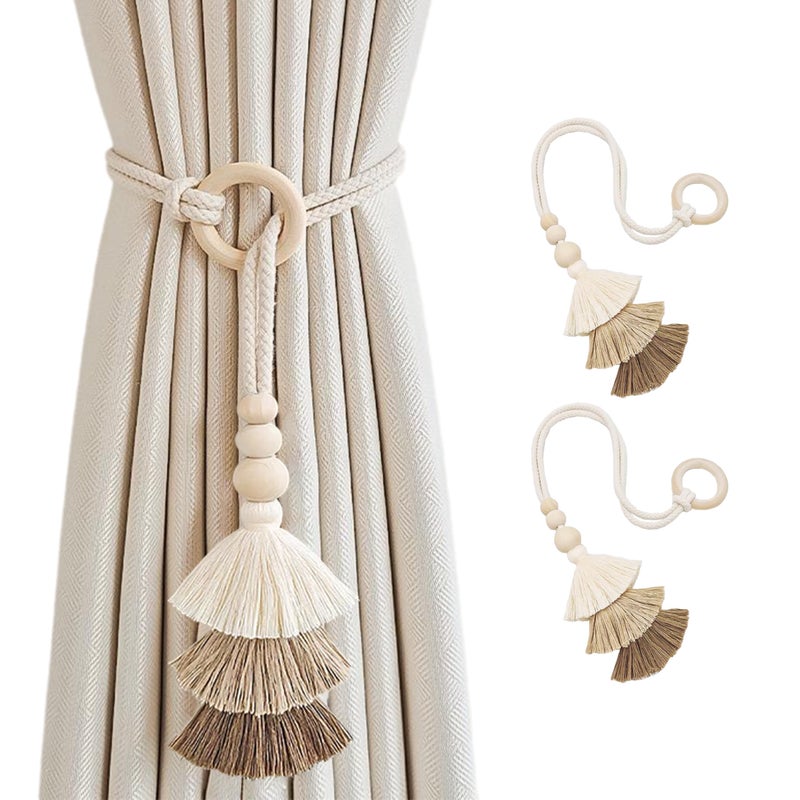 SRG Curtain Tiebacks for Curtains 2 Pack Decorative Curtain Holdbacks for Drapes Handmade Tie Backs No Drilling for Home Bedroom Window Decor Tassel Beige - Image 2