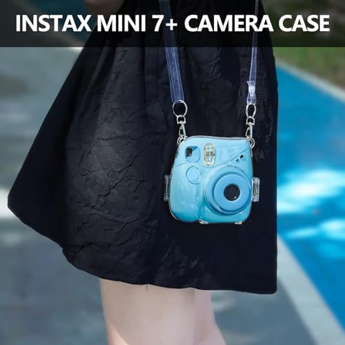 CAIYOULE Clear Case for Fujifilm Instax Mini 7+ Camera Protective Case with Back Photo Storage Pocket, Selfie Mirror, Stickers and Adjustable Shoulder Strap，No Camera - Image 3