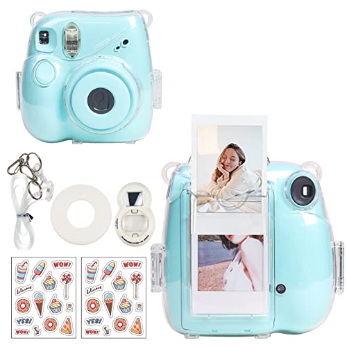 CAIYOULE Clear Case for Fujifilm Instax Mini 7+ Camera Protective Case with Back Photo Storage Pocket, Selfie Mirror, Stickers and Adjustable Shoulder Strap，No Camera - Image 1