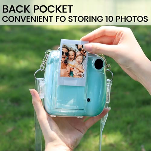 CAIYOULE Clear Case for Fujifilm Instax Mini 7+ Camera Protective Case with Back Photo Storage Pocket, Selfie Mirror, Stickers and Adjustable Shoulder Strap，No Camera - Image 2