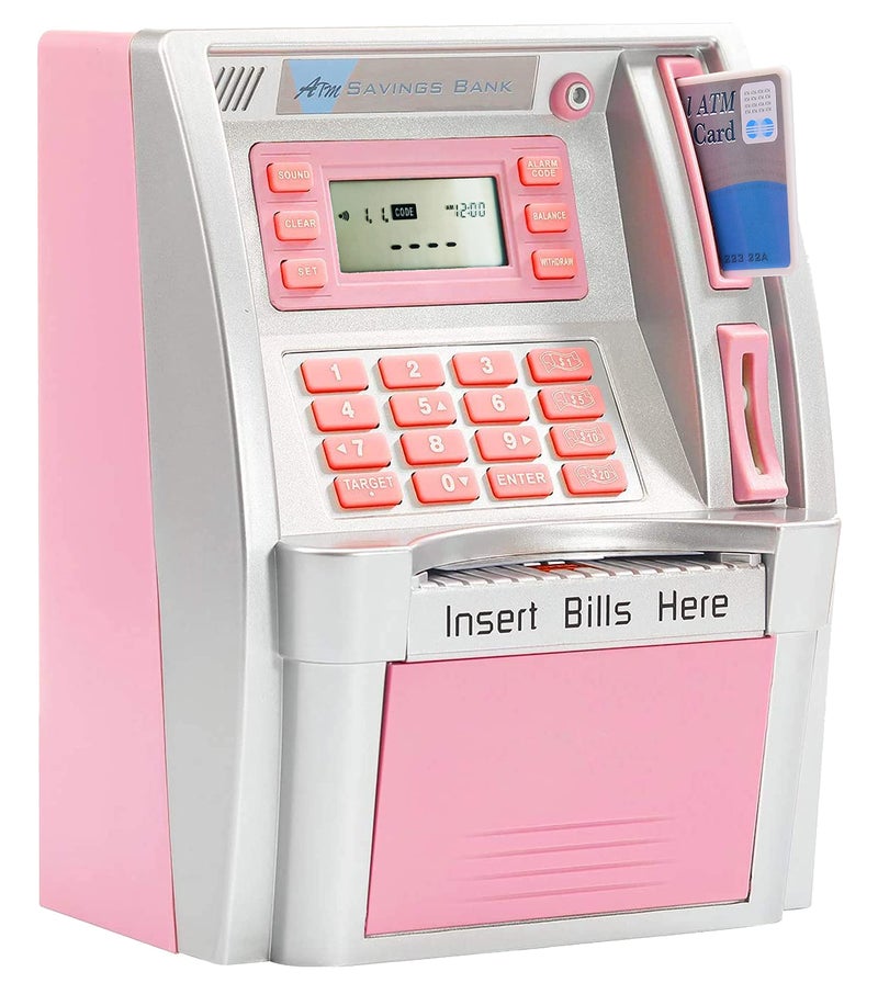 GoodsFederation ATM Piggy Bank for Real Money for Kids Adults with Debit CardPassword LoginBill FeederCoin RecognitionSaving TargetBalance CalculatorElectronic Savings Safe Machine Box Pink - Image 3