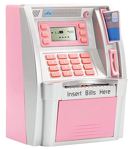 GoodsFederation ATM Piggy Bank for Real Money for Kids Adults with Debit CardPassword LoginBill FeederCoin RecognitionSaving TargetBalance CalculatorElectronic Savings Safe Machine Box Pink - Image 1