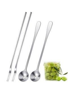 4 Pcs Pickle Fork and Olive Spoon Strainer, Stainless Steel Long Handle Pickle Fork and Olive Spoon Jars Serving Spoon and Fork Set with Drain Hole for Pickle Cucumber Arugula Caper