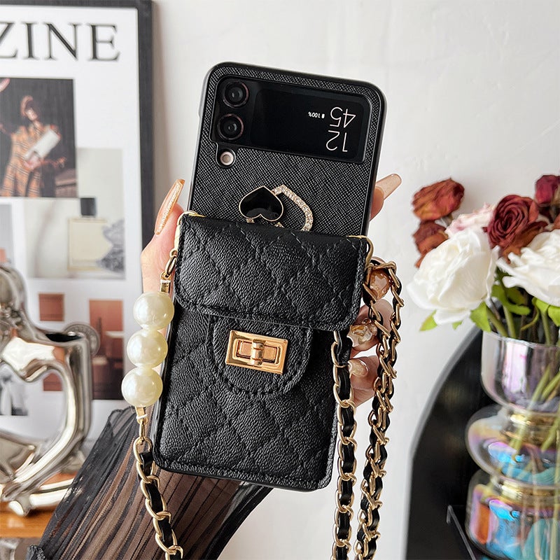 Heart-Shaped Lock Wallet Phone Case for Samsung Z Flip 50% off with Flip Cover, Crossbody Chain, and Strap, Light Luxury - Image 1
