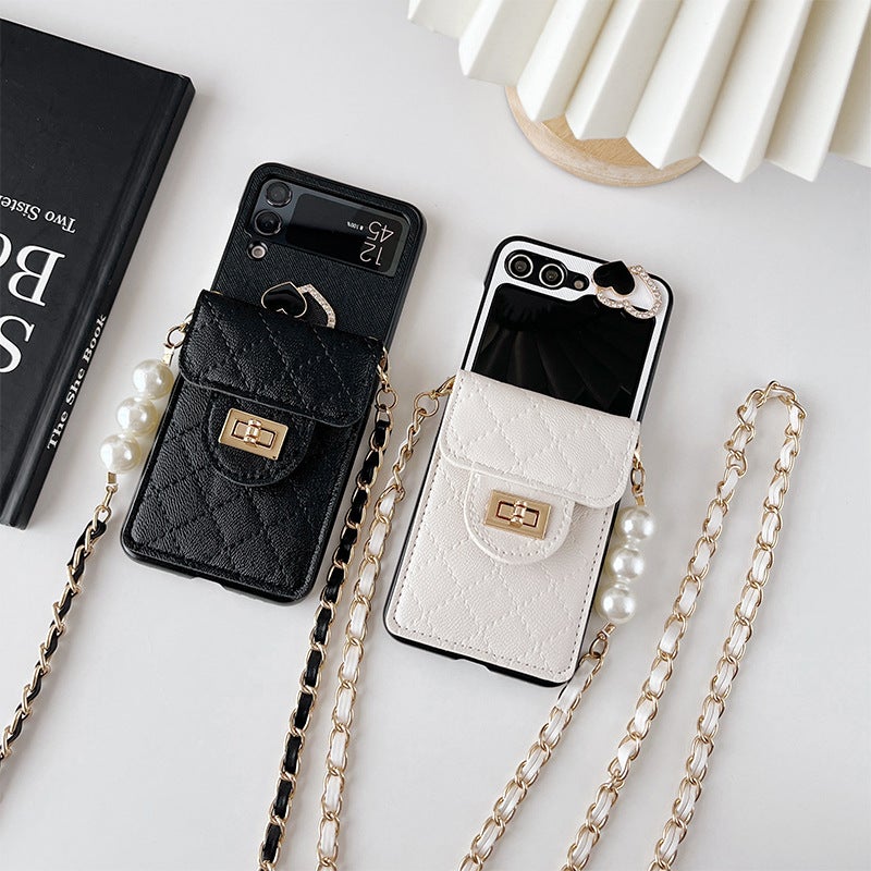 Heart-Shaped Lock Wallet Phone Case for Samsung Z Flip 50% off with Flip Cover, Crossbody Chain, and Strap, Light Luxury - Image 4