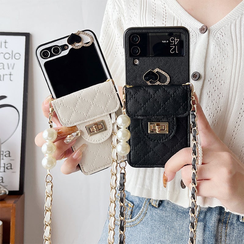 Heart-Shaped Lock Wallet Phone Case for Samsung Z Flip 50% off with Flip Cover, Crossbody Chain, and Strap, Light Luxury - Image 3