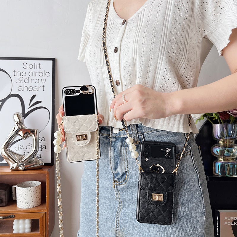 Heart-Shaped Lock Wallet Phone Case for Samsung Z Flip 50% off with Flip Cover, Crossbody Chain, and Strap, Light Luxury - Image 2