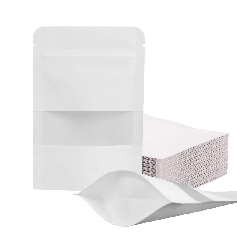 FireKylin 100 Pcs Resealable Kraft Paper Bags 35 x 55 Stand Up White with Matte Window Zip Lock Food Storage Bags for Packaging Products Reusable Sealable