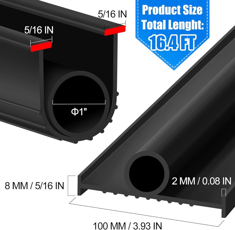 ToLanbbt Garage Door Bottom Rubber Seals 16.4 FT Garage Door Weather Stripping Kit Seal Strip Replacement with 5/16" T Ends & 2 End Plugs, Universal U+O Ring Weatherproof Rubber Bottom Seal, Black - Image 2
