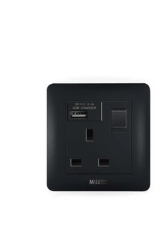 Milano 13A Brush Black Switched Socket With 2.1A USB