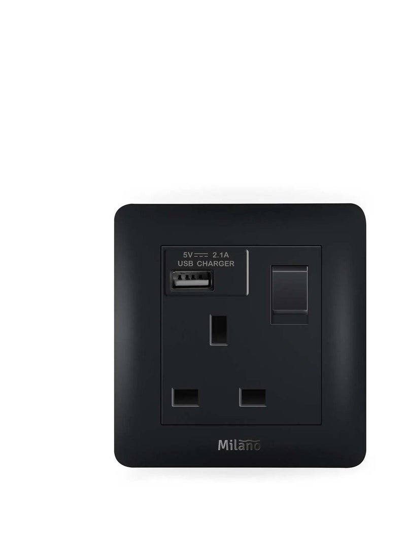 milano Milano 13A Brush Black Switched Socket With 2.1A USB 