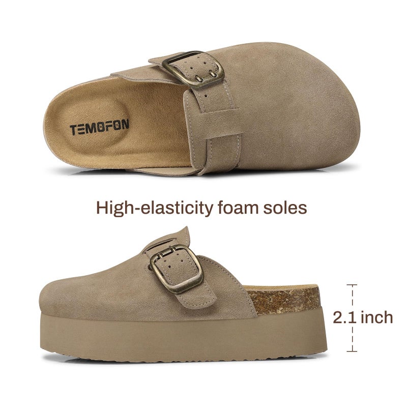 TEMOFON Genuine Suede Clogs for Women: Comfortable Leather Platform Mules & Clogs for Women Footwear - Cork Footbed Closed Toe Sandals Potato Shoes Khaki Size 7 - Image 4