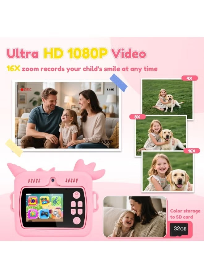 كاميرا طباعة فورية للأطفال، كاميرا رقمية للأطفال بدقة 1080P HD مع بطاقة SD سعة 32 جيجابايت، كاميرا لعبة زرافة من السيليكون بتكبير 16 ضعفًا، كاميرا فيديو ذاتية الصنع للتصوير الذاتي باستخدام الطباعة الحرارية بدون أحبار، هدية عيد ميلاد وفاجأة عيد الفصح (الوردية) - Image 5